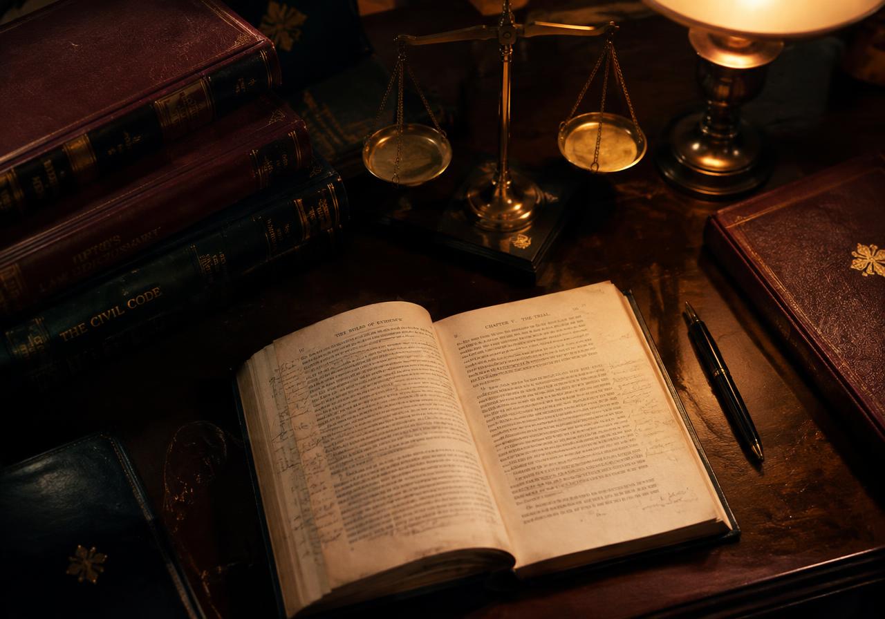 Law books, scales of justice and a lamp on a desk